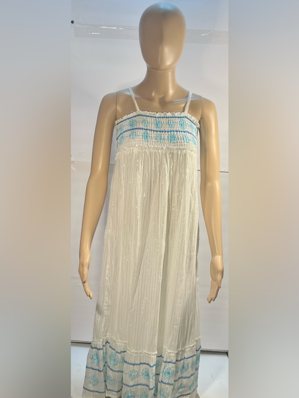 JUSTICE White Sequin Maxi Dress with Blue Embroidered Bodice Size 10